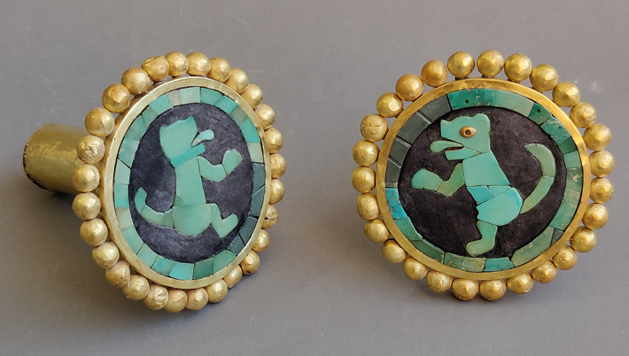 In the same offering cache at Pashash, researchers discovered this pair of hammered gold earspools inlaid with turquoise and greenstone felines, ornaments that were made by the Moche people who lived along Peru’s northern coast in the first millennium A.D. (George Lau)