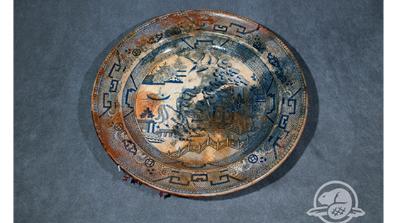On the lower deck of Erebus, archaeologists from Parks Canada recovered several ceramic plates, all British-made in the style of more expensive Chinese porcelain. This one’s blue willow pattern was the most common and affordable print used in Europe and North America in the 19th century. Researchers believe that they might have been stored in a cupboard next to the ship’s galley. The presence of the plates confirms Inuit accounts from the late 19th century, which reported a deserted ship trapped in ice containing “spoons, knives, forks, tin plates, and china plates.” (Parks Canada)
