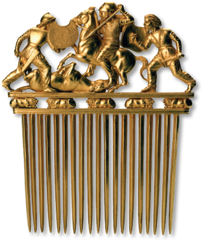 Scythians, who were known as great horsemen and warriors, are portrayed on a variety of artifacts, including this gold comb dating to the late 5th to early 4th century B.C. found in a royal tomb at Solokha, eastern Ukraine.