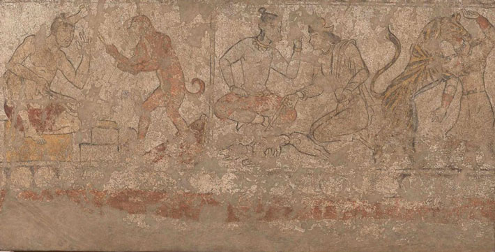 A panel of a mural in the reception hall of a Panjakent house depicts two scenes from the Panchatantra, a collection of Indian fables. On the left is the fable known as “The Blacksmith and His Ape Assistant,” and on the right is “The Tale of the Wise Men Who Brought a Tiger Back to Life.” 