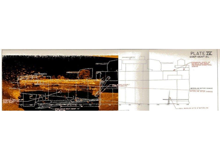 A schematic diagram of USS Abner Read is overlaid on top of a side-scan sonar image of the wreckage of the ship’s stern, which was located off Kiska Island in 2018 by a team of researchers from the Scripps Institution of Oceanography, the University of Delaware, and Project Recover. (Courtesy Project Recover)