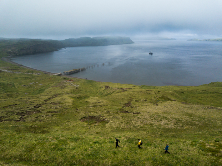 A view of Kiska Harbor from the eastern shore of Kiska Island in Alaska’s Aleutian chain. The island is treeless and much of its terrain is muskeg, a boggy mat of decaying vegetation that makes it very difficult to get around on foot. The skies are almost always cloudy, and the island’s weather is notoriously unpleasant and unpredictable. (Courtesy Project Recover)