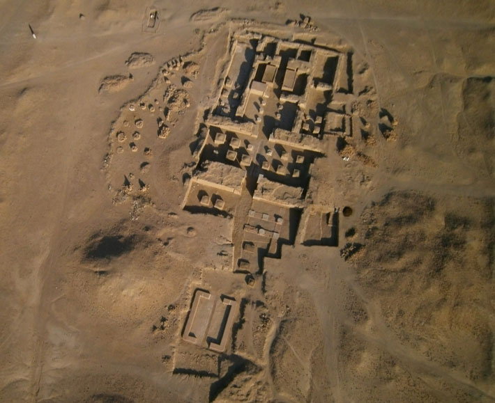 Archaeologists have excavated the remains of a sprawling temple complex dedicated to the god Amun at the Sudanese site of Dangeil, shown in this aerial view.