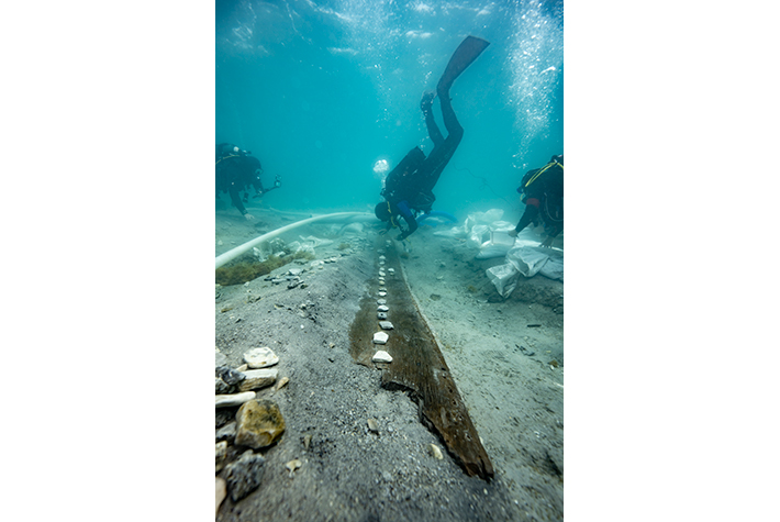 Off the coast of present-day Croatia in the Adriatic’s Bay of Zambratija, underwater archaeologists excavate remnants of the oldest hand-sewn boat to have been discovered in the Mediterranean, dating to between the twelfth and tenth centuries B.C. (Photo: Philippe Soubias, CNRS/CCJ, @Adriboats)