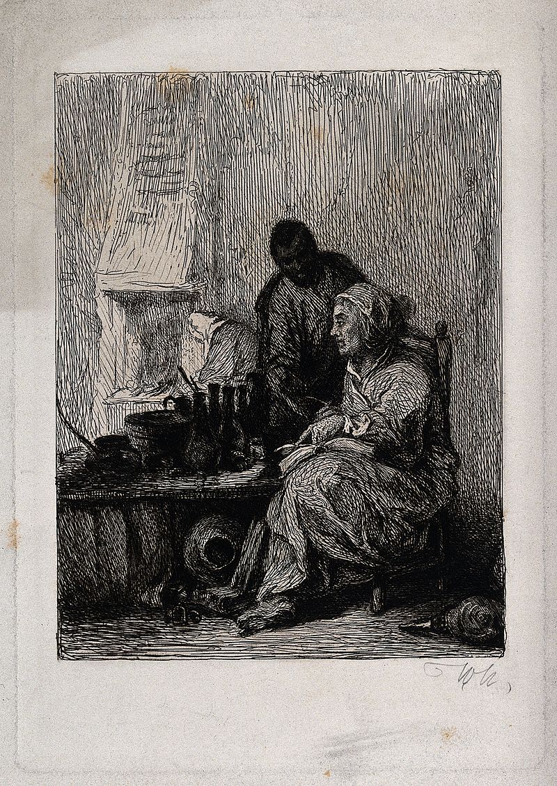 A witch at her table being helped by her attendant they are Wellcome V0025863