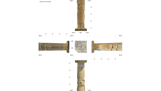 Photogrammetric models can be used to quickly and accurately generate the traditional sort of plan and elevation views typical in black-and-white archaeological line drawings made by hand. Here, four sides of one of the restored columns at the southwest corner of the temple have been projected from the 3-D models. (Phil Sapirstein/Digital Architecture Project (c) 2016)