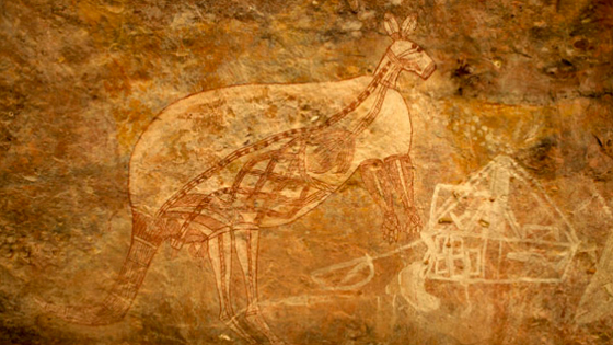 X-ray depictions of kangaroos are relatively common in the area, but few are as complete and unencumbered as this one from a rock shelter near Malarrak. The art tradition represents an increasing interest in the natural world and may have been used to teach butchery techniques. The same idea—of showing the inner workings of a subject—can be seen in the steam ship at right (note the steam emerging from the stack), as its interior cargo is visible. These paintings are ineffably representative of the late Aboriginal rock art tradition—old and new subjects side-by-side, a chronicle of a world in flux, from a people whose knowledge and contribution to Australian history is often overlooked. 