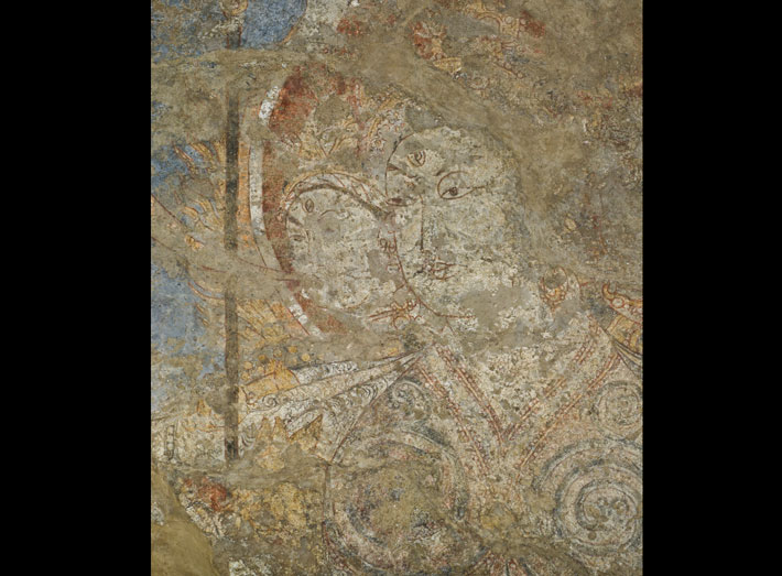 A detail of a mural from one of Panjakent’s temples depicts the god Weshparkar, the Sogdian equivalent of the Hindu deity Shiva. Both the art and religion of Sogdiana were heavily influenced by contact with India. 