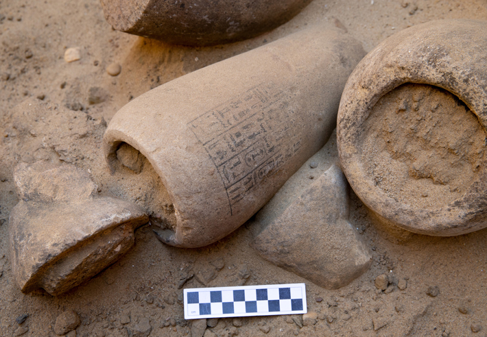 Canopic jars inscribed with the name of the deceased, Wahibre-mery-Neith, were discovered in a cache of embalming vessels at the ancient Egyptian necropolis of Abusir. (Author: Petr Košárek, © archives of the Czech Institute of Egyptology)
