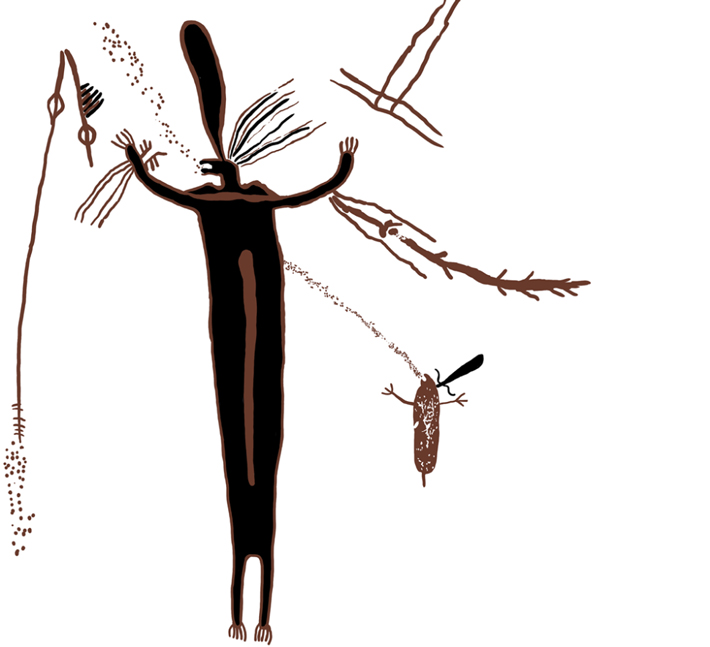A drawing of a panel at the site of Rattlesnake Canyon shows a small, red, human-like form aiming a forceful stream of speech-breath at a taller black-and-red figure who wields an atlatl or spear-thrower. In turn, gentle streams of red dots issue from the taller figure’s mouth and from the point of its spear. 