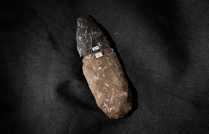 Two pieces of a single cutting tool known as a biface were found at La Prele. The color difference between the fragments is the result of one half of the tool being discarded into or near a hearth, which heated the stone and altered its hue. 
