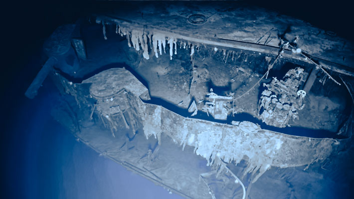 A view of the sunken remains of the Imperial Japanese Navy aircraft carrier Akagi taken by ROV Atalanta some 16,000 feet down in the Pacific Ocean. (Ocean Exploration Trust, NOAA)