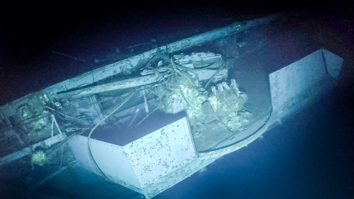 An underwater image of one of USS Yorktown’s guns taken by ROV Atalanta deep beneath the Pacific Ocean. (Ocean Exploration Trust, NOAA)