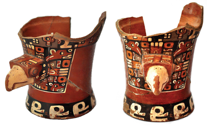 This kero, or ritual ceramic cup used to drink corn beer, which was unearthed on the outskirts of the city of Tiwanaku, bears the molded head of a condor. (David Trigo Rodríguez/The Regional Museum of Tiwanaku Archeology)