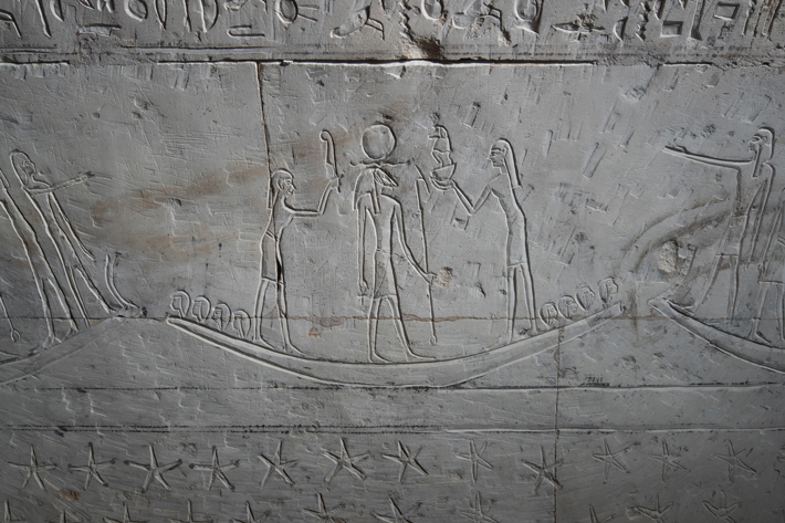 This engraving depicting the sun god on his journey across the sky was found in the 2,500-year-old tomb of a royal scribe named Djehutyemhat in the necropolis at Abusir in Egypt. (Petr Košárek/© Archive of Czech Institute of Egyptology)
