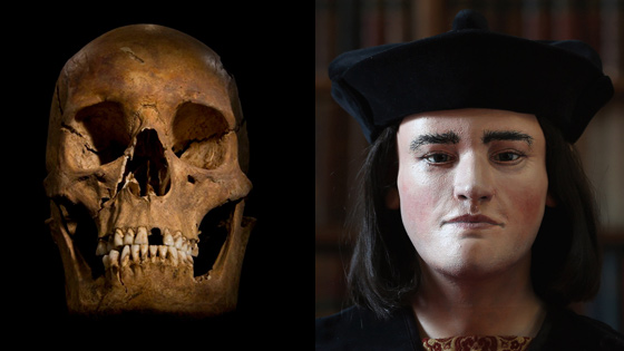 This facial reconstruction of Richard III (right) was based on a CT scan of his skull (left). (Courtesy University of Leicester, Courtesy Richard III Society)