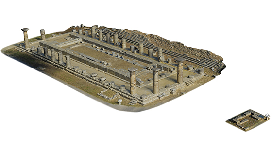 An overview of the 3-D model produced for the temple. This is not an aerial photograph, but rather the result of more than 4,000 individual images synthesized into a high-resolution 3-D image. The photographic textures are draped back over the digital model to give it a lifelike appearance. (Phil Sapirstein/Digital Architecture Project (c) 2016)