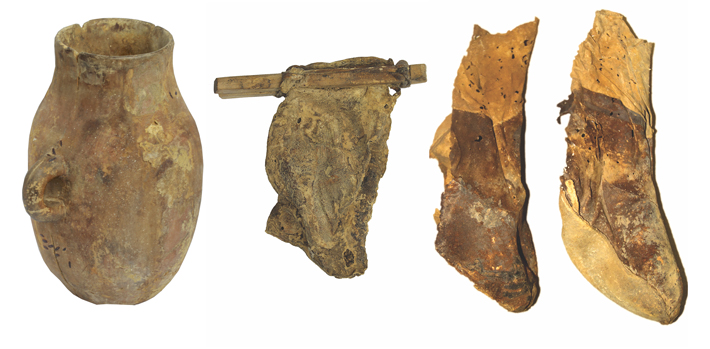 A wooden vessel, a leather bag with a wooden handle, and a pair of leather shoes are among the artifacts found in the cave. 