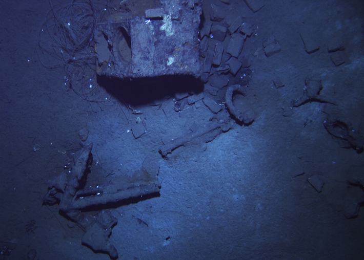 An automated underwater vehicle photographed the wreck in 2017, revealing anchors of a style dating to the late eighteenth to early twentieth century, as well as possible evidence of a tryworks, or hearth used to render whale blubber into oil. (Bureau of Ocean Energy Management/C&C Technologies)