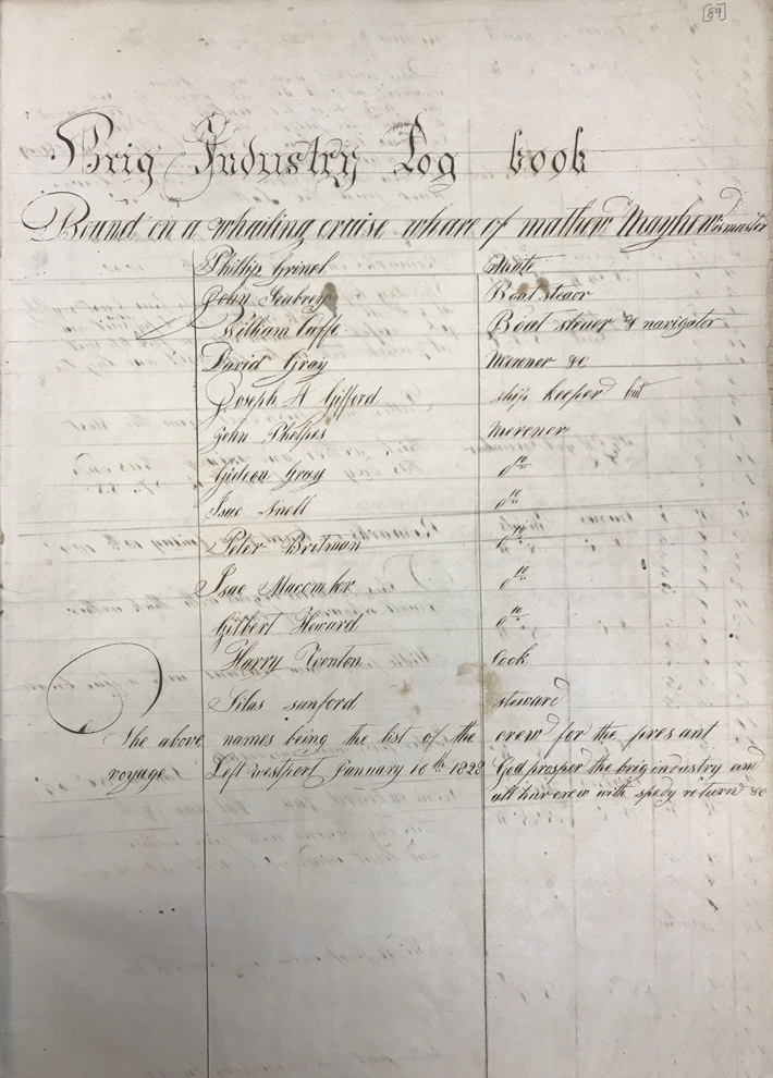 A page from Industry’s 1828 logbook lists her crew members, including William Cuffe, the youngest son of Paul Cuffe. (Courtesy of the New Bedford Whaling Museum)
