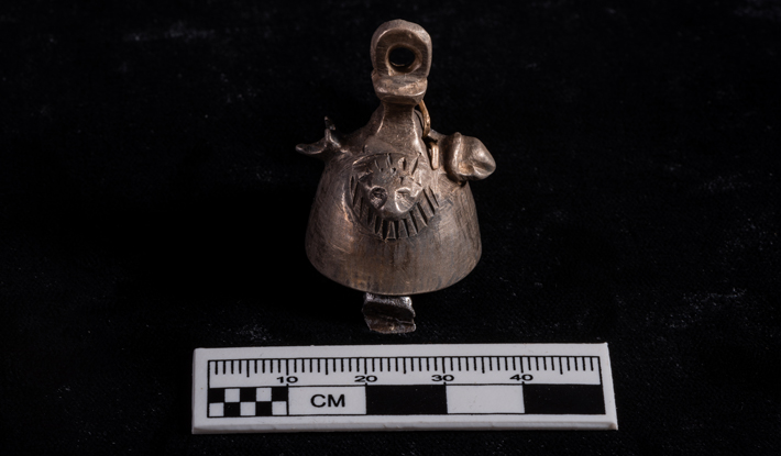 This small bronze bell, which would have hung from a ram’s neck, was deposited along with more than 2,000 mummified animal skulls in a storage area near the temple of the pharaoh Ramesses II (reigned ca. 1279–1213 B.C.) in the ancient Egyptian city of Abydos. (Courtesy Sameh Iskander)