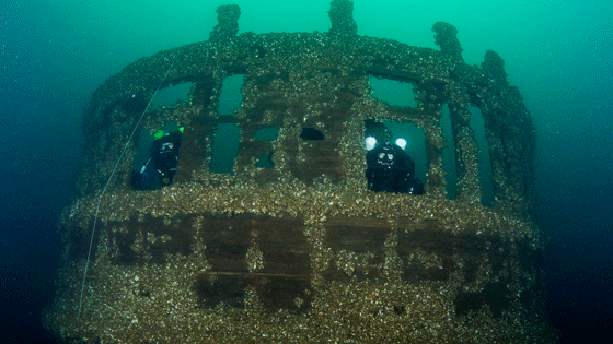 PEWABIC Vessel type: Wooden twin-screw passenger/package freighter; Length: 200 feet; Year launched: 1863; Year lost: 1865; Cargo: Copper and iron ore, passengers; Cause of loss: Collision; Depth: 165 feet (Courtesy Thunder Bay National Marine Sanctuary/NOAA)